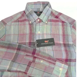 NWT Vineyard Vines 100% Linen Long Sleeve Button Down Plaid Shirt Men’s Size XS